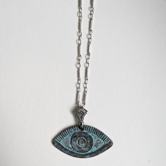 Green and Blue evil eye protection necklace, Handpainted patina eye necklace - Picture 4 of 9